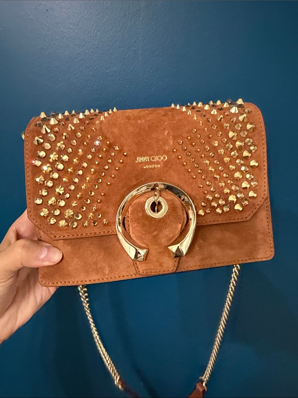 Jimmy Choo Brown Suede Studded Crossbody with Gold Hardware